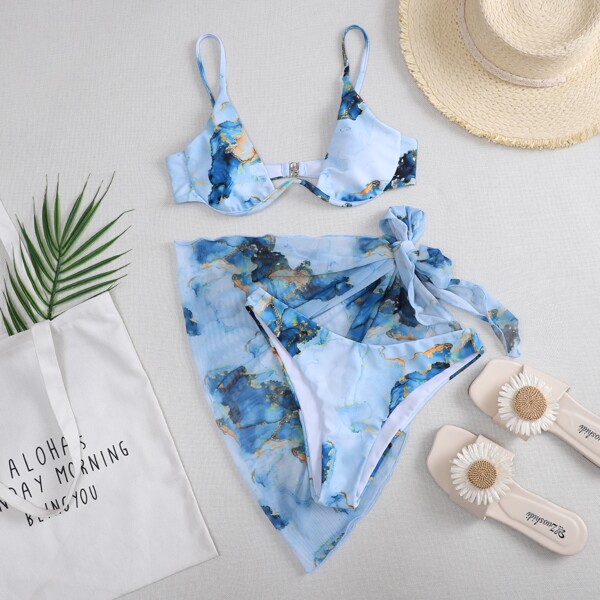 

3pack Water Color Underwire Bikini Swimsuit & Beach Skirt, Blue