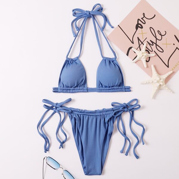 

Rib Micro Triangle Thong Bikini Swimsuit, Blue