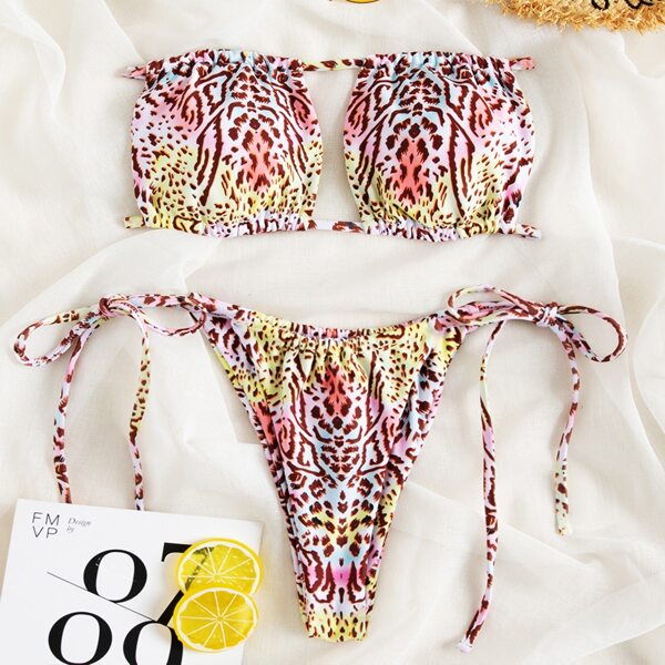 

Allover Print Bandeau Thong Bikini Swimsuit, Multicolor