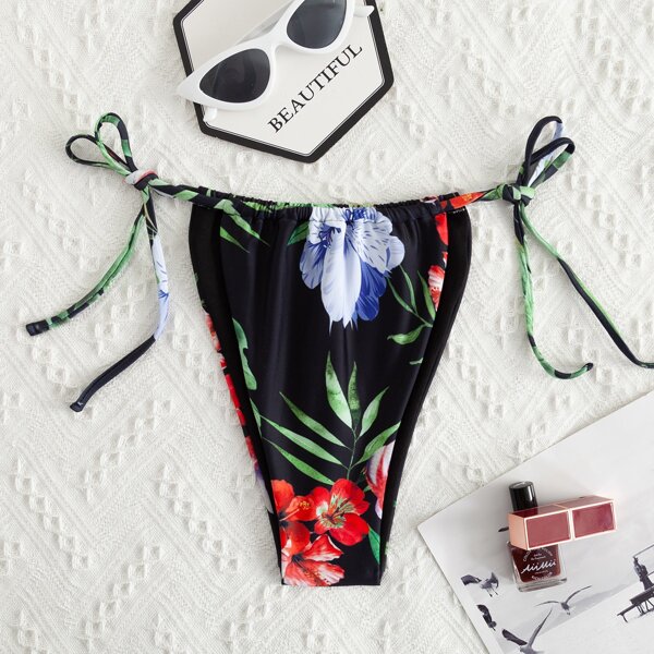 

Floral & Leaf Print Tie Side Bikini Thong, Multicolor