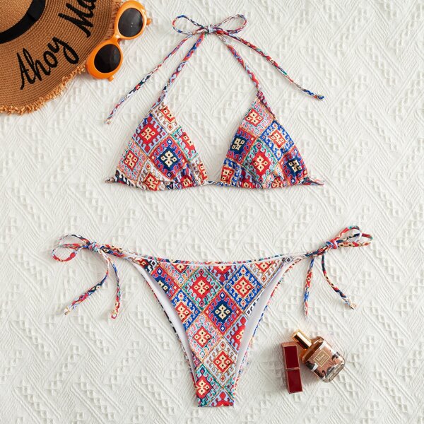 

Allover Graphic Micro Triangle Tie Side Bikini Swimsuit, Multicolor