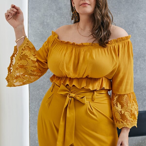 

Plus Frill Off Shoulder Embroidery Mesh Flounce Sleeve Peplum Top, Mustard yellow