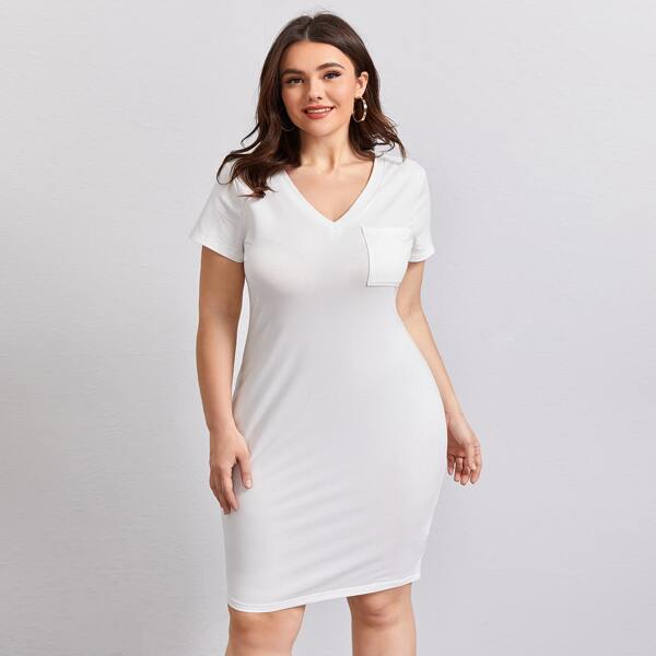 

Plus V-Neck Pocket Front Form Fitted Dress, White