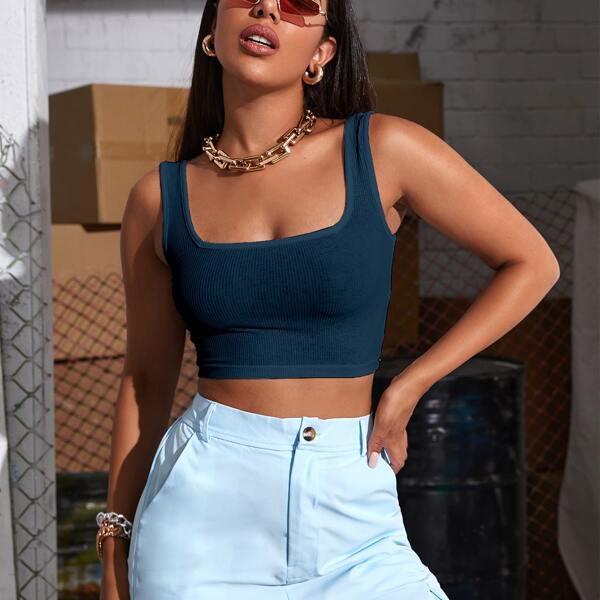 

Square Neck Rib-knit Crop Tank Top, Navy blue