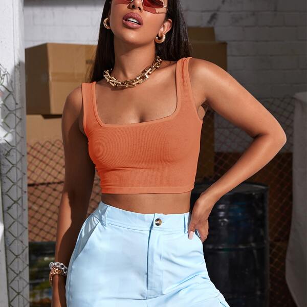 

Square Neck Rib-knit Crop Tank Top, Burnt orange