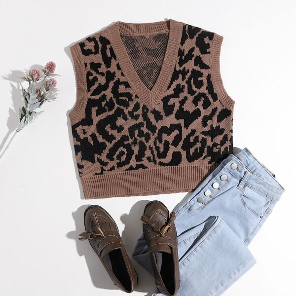 

V Neck Leopard Sweater Vest, Multicolor