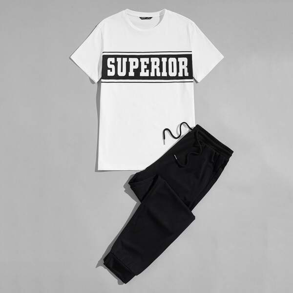 

Men Letter Graphic Top & Sweatpants Set, Black and white