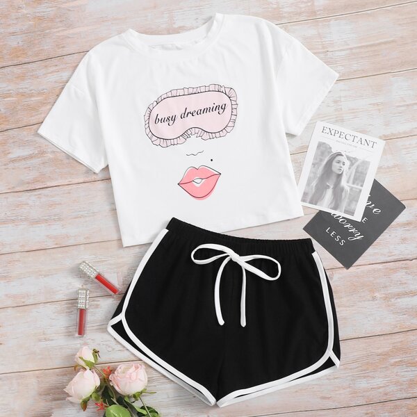 

Letter Graphic Tee With Dolphin Shorts Pajama Set, Black and white