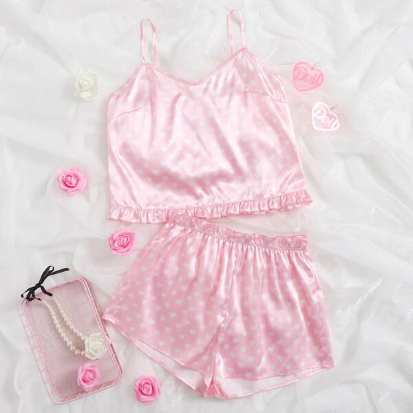 

Allover Heart Satin Night Set, Baby pink