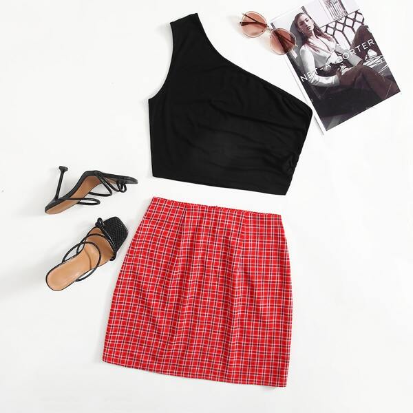 

One Shoulder Top & Plaid Skirt Set, Multicolor