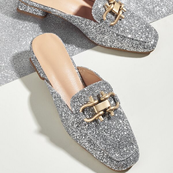 

Glitter Decor Flat Mules, Silver