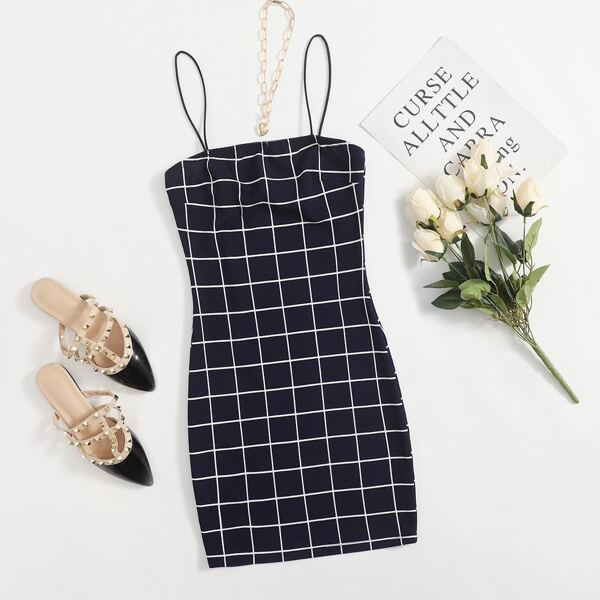 

Grid Print Bodycon Cami Dress, Navy blue