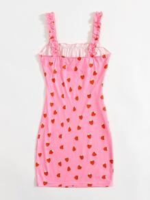 Muchica Frilled Strap Ruched Bust Strawberry Print Bodycon Dress - Pink - View 2