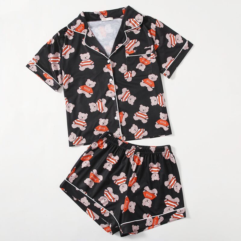 

Bear Print Button Front PJ Set, Multicolor