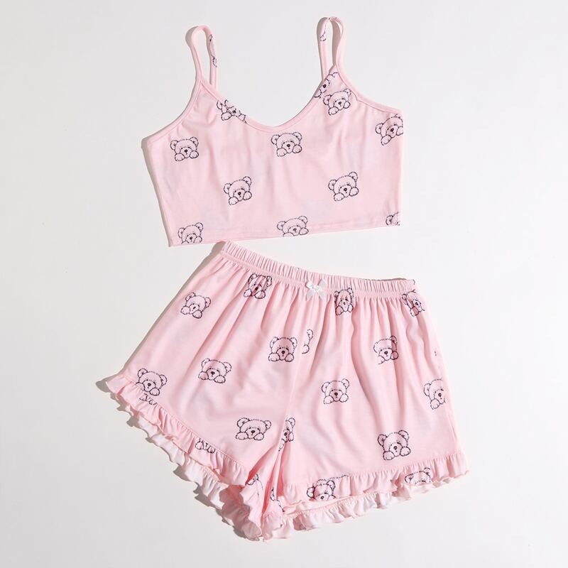 

Cartoon Bear Frill Trim PJ Set, Baby pink