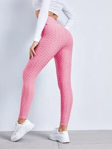 SHEIN EZwear 寬腰帶紋理緊身褲 - 粉色 - 查看 2