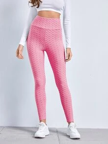 SHEIN EZwear 寬腰帶紋理緊身褲 - 粉色 - 查看 3