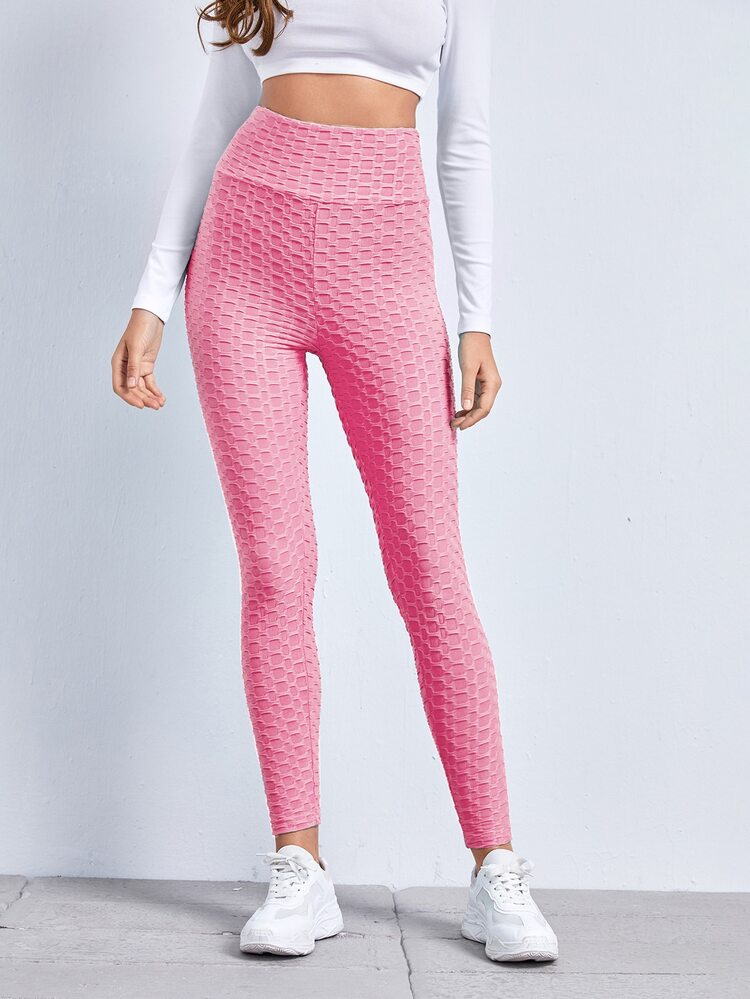 SHEIN EZwear Wide Waistband Textured Leggings - Pink - View 3