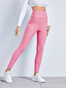 SHEIN EZwear 寬腰帶紋理緊身褲 - 粉色 - 查看 4
