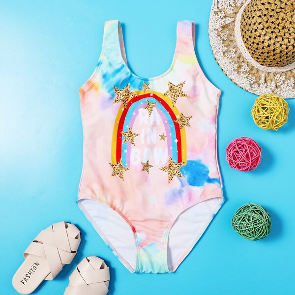 

Girls Tie Dye & Rainbow Print One Piece Swimsuit, Multicolor