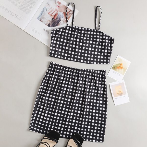 

Plaid Crop Cami Top & Skirt Set, Black and white