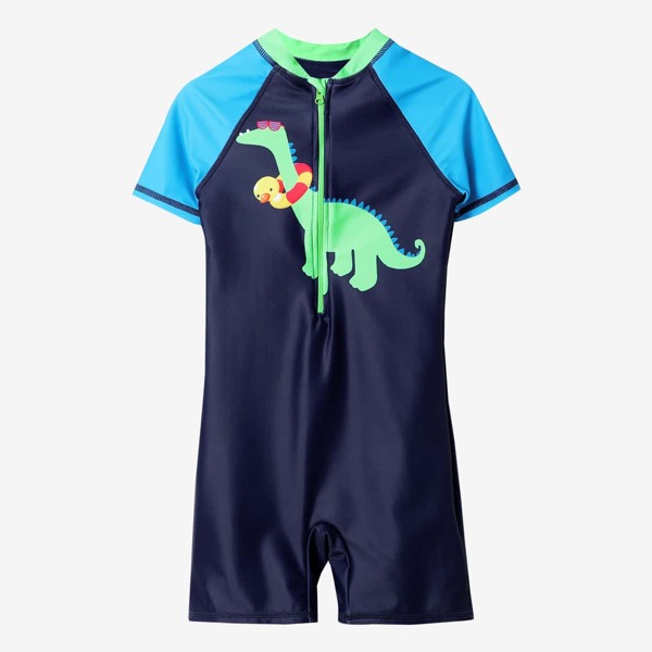 

Boys Dinosaur Graphic Zipper Front One Piece Swimsuit, Blue