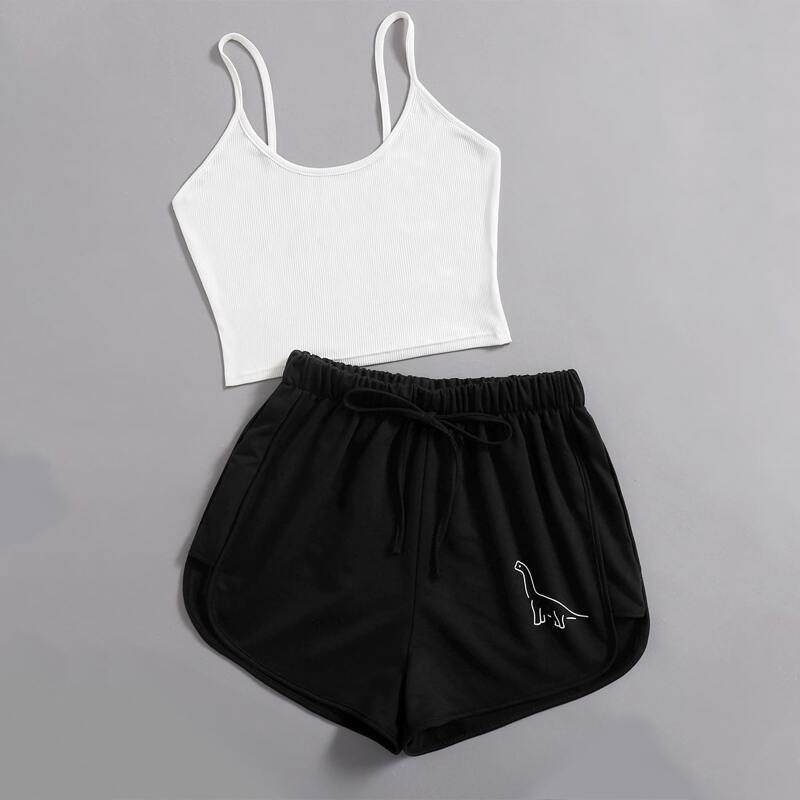 

Ribbed Cami Top & Cartoon Dinosaur Dolphin Shorts, Black and white