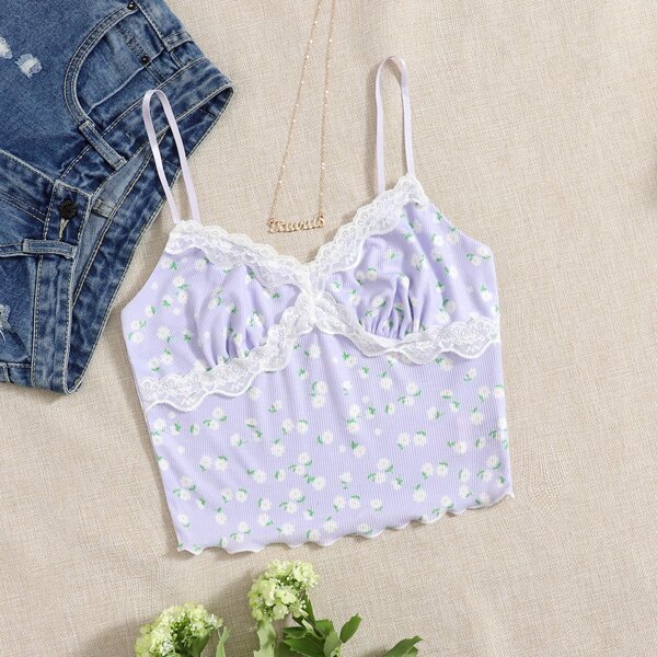 

Lace Trim Ditsy Floral Cami Top, Mauve purple