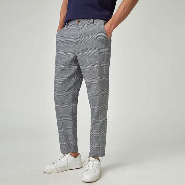 

Men Plaid Slant Pocket Pants, Grey