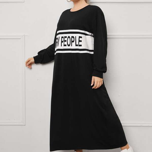

Plus Letter & Colorblock Print Tee Dress, Black