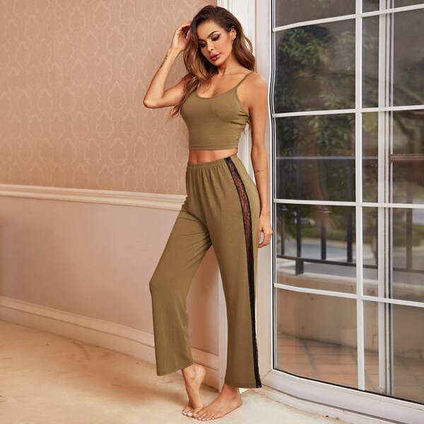 

Cami Top With Contrast Lace Pants Pajama Set, Mocha brown