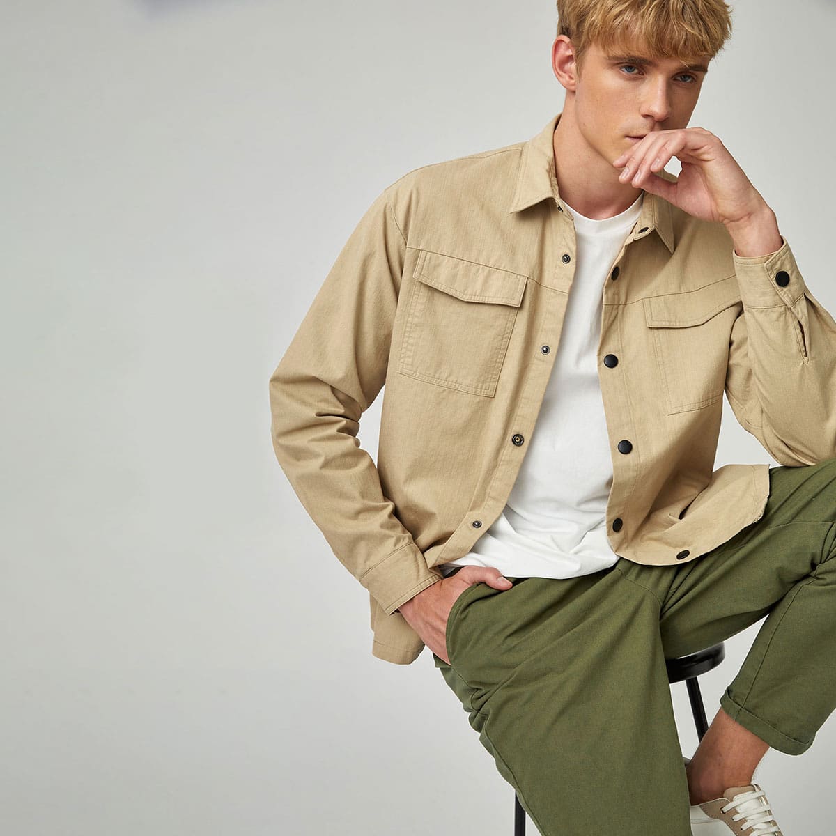 

Guys Single Breasted Flap Pocket Shirt, Khaki