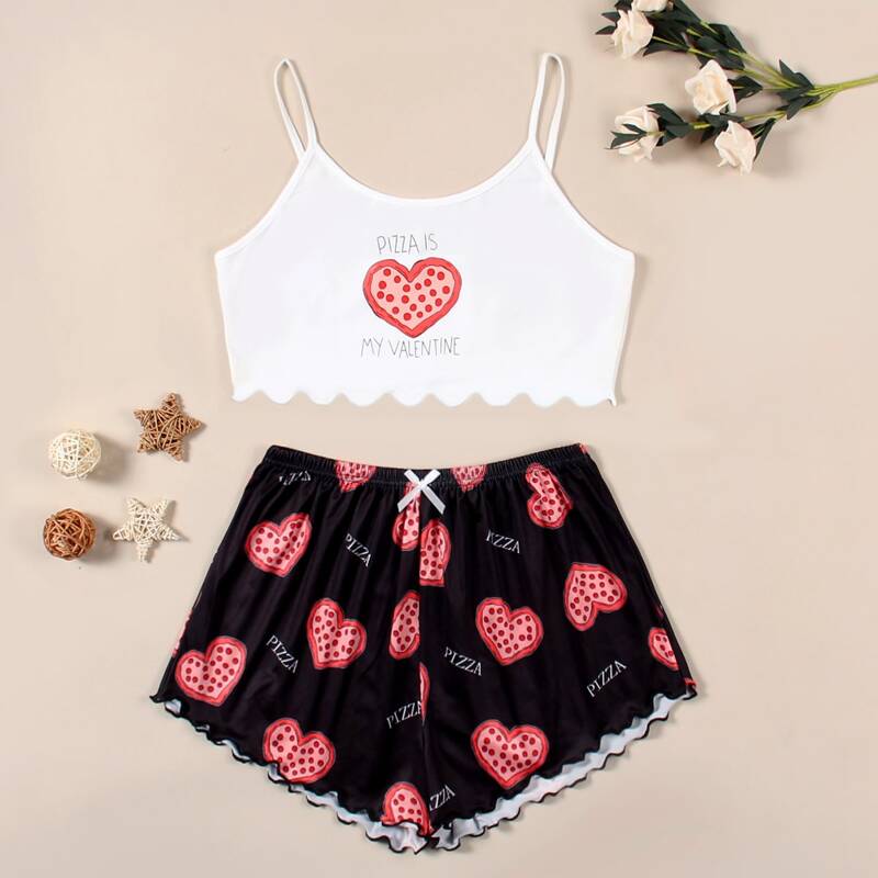 

Heart Print Lettuce Trim Pajama Set, Black and white
