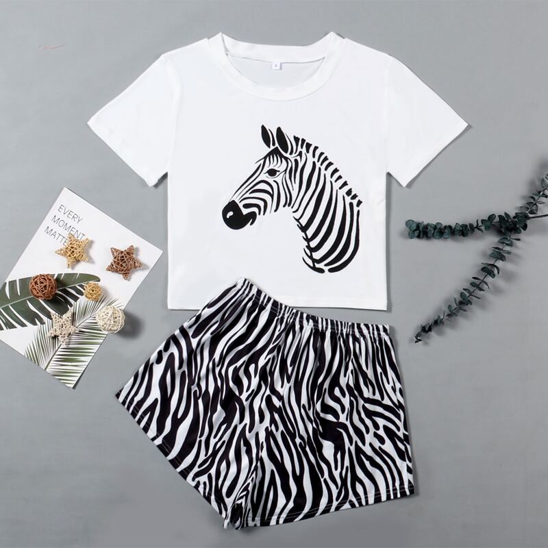 

Zebra Print Tee & Shorts Pajama Set, Black and white