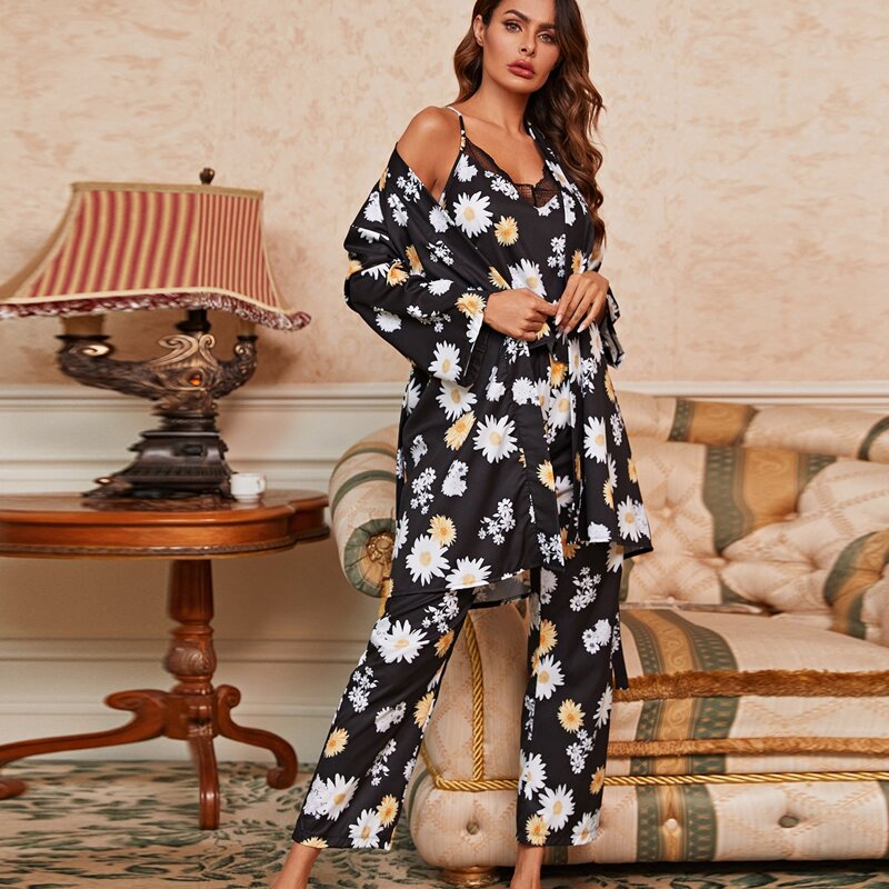 

Allover Floral Contrast Lace Belted Night Set, Black