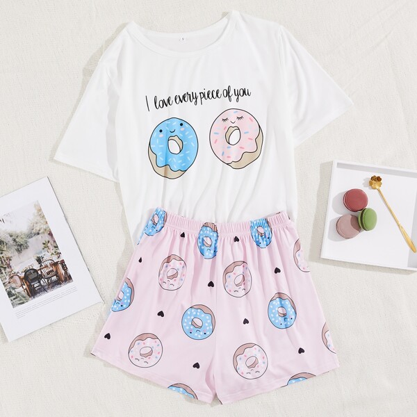 

Donut & Slogan Graphic PJ Set, Multicolor