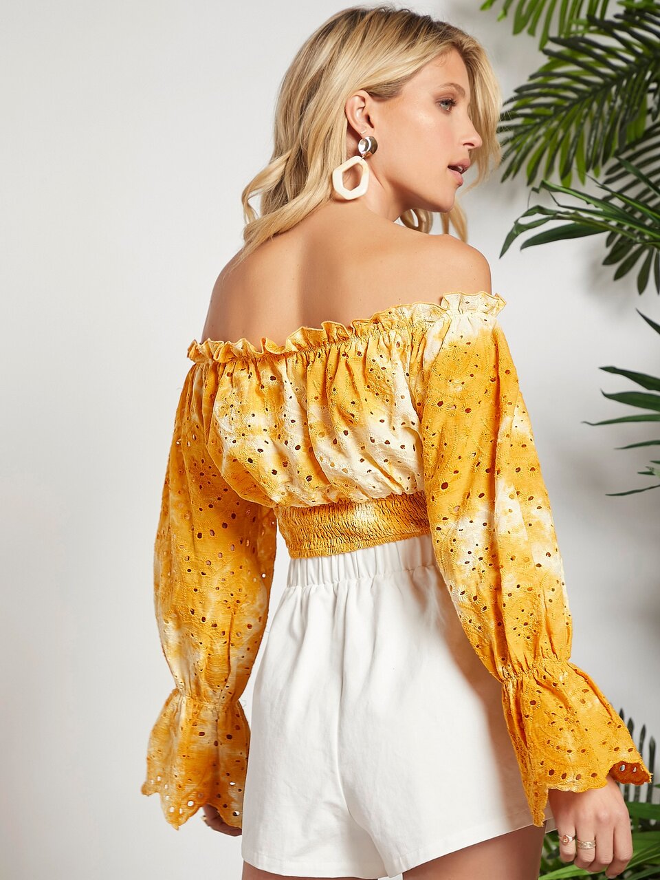 Tie Dye Off Shoulder Shirred Detail Flounce Sleeve Schiffy Top