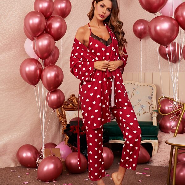 

3pcs Heart Print Contrast Lace Belted Night Set, Burgundy