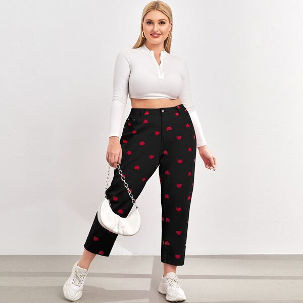 

Plus High Waist Heart Print Straight Jeans, Black
