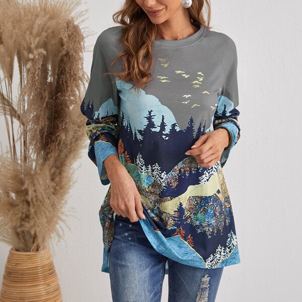 

Landscape Print Raglan Sleeve Tee, Multicolor