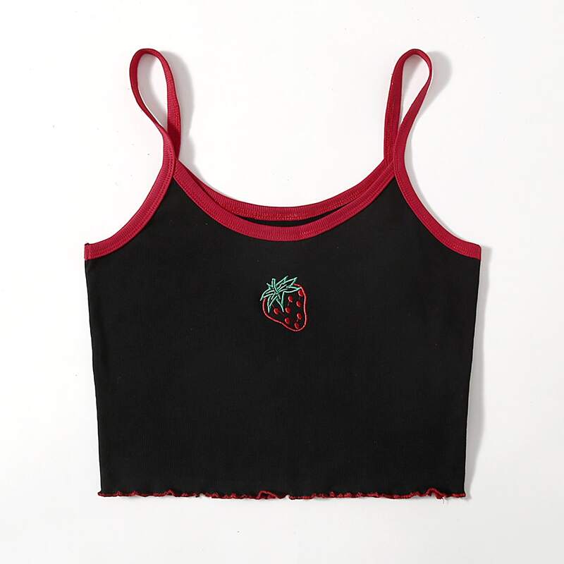 

Strawberry Embroidery Ringer Cami, Black