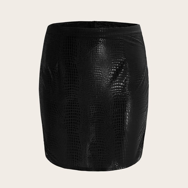 

Plus Laser Cutout Side Crocodile Embossed Skirt, Black