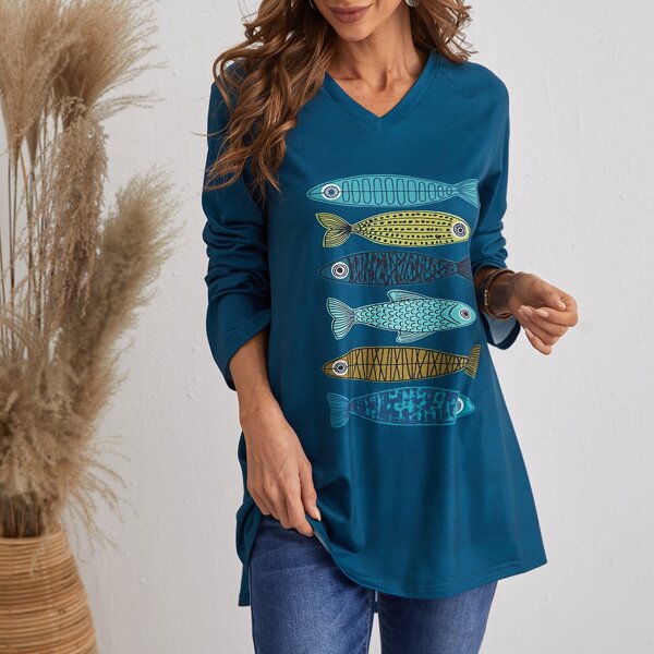 

Fish Print High Low Hem Raglan Sleeve Tee, Navy blue