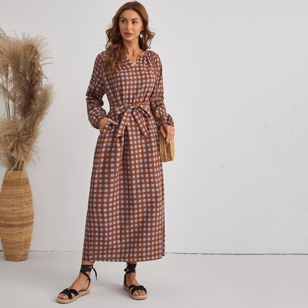 

Plaid Print Notched Neck Belted Dress, Multicolor