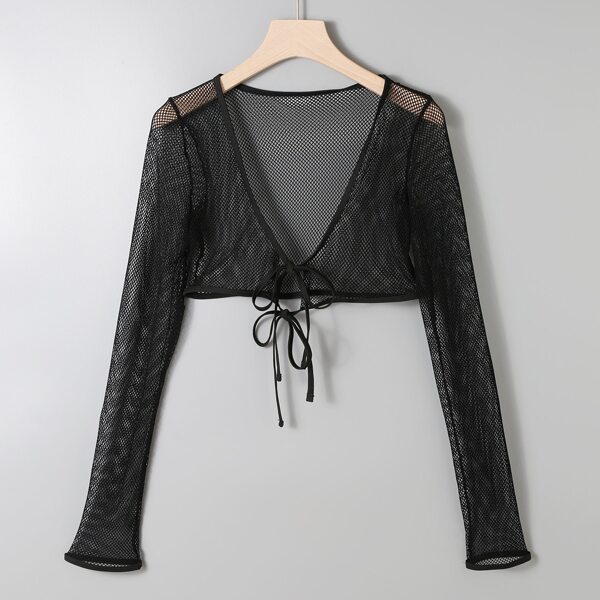

Tie Front Fishnet Crop Cover Up Top, Black