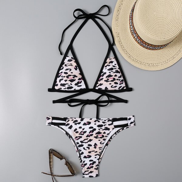 

Leopard Triangle Thong Bikini Swimsuit, Multicolor