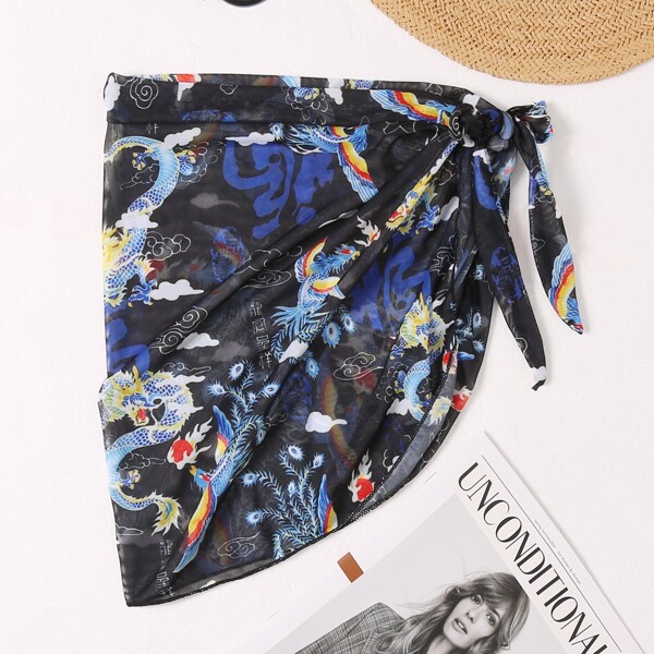 

Chinese Dragon & Phoenix Print Cover Up Skirt, Multicolor