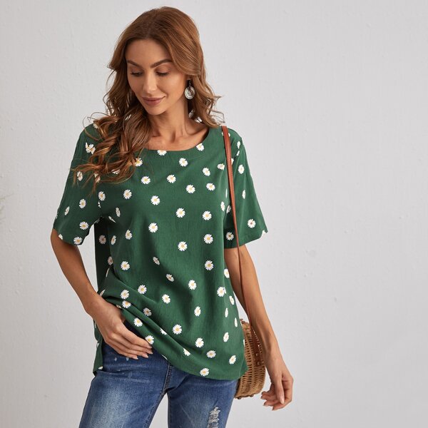 

Daisy Floral Round Neck Blouse, Green