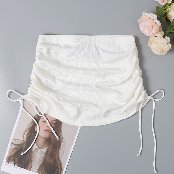 

Rib Drawstring Side Cover Up Skirt, White