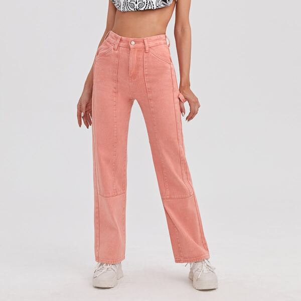 

High Waist Straight Leg Jeans, Pastel coral pink